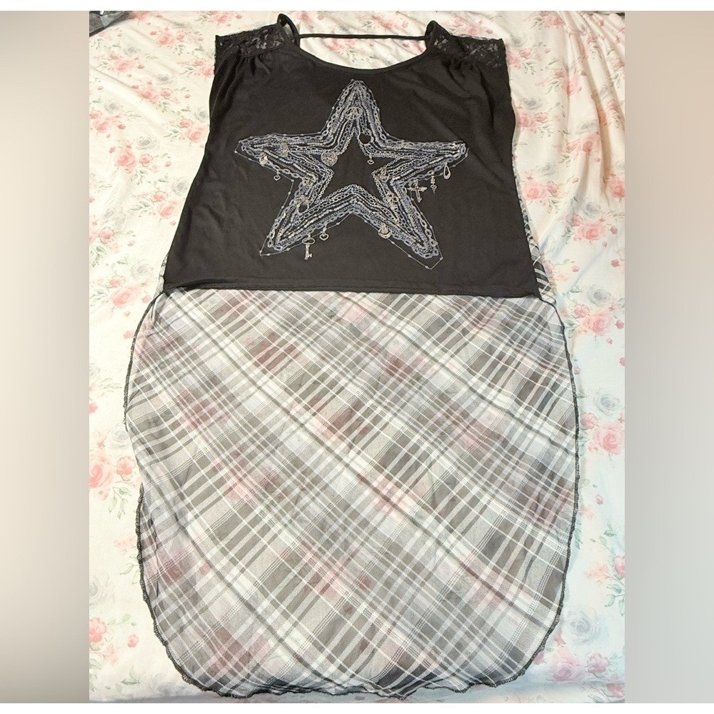Bongo Star Graphic Sheer Plaid Tunic Top‎ Women's Large